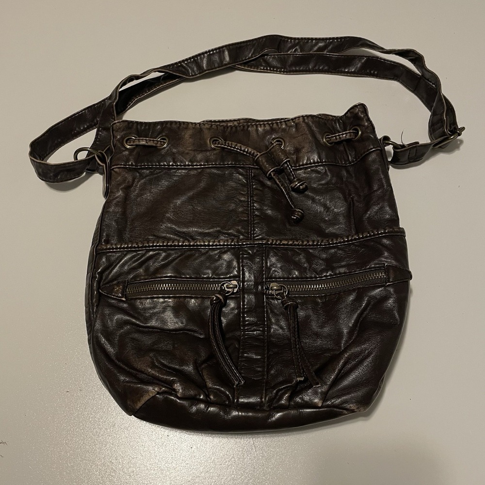 Vintage Mudd Brown Faux-Leather Bucket Bag Purse